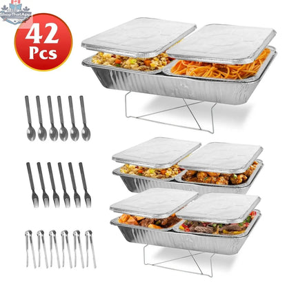 Set of six disposable chafing dish buffet containers with covers, utensils, and lids for catering and events by EX-STOCK Canada
