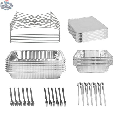 Set of 42 disposable chafing dishes with covers, utensils, and lids for catering and buffet events, ideal for serving six guests.