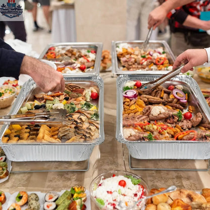 Set of 42 disposable chafing dishes with covers, utensils, and lids for buffet catering and event serving, by EX-STOCK Canada.