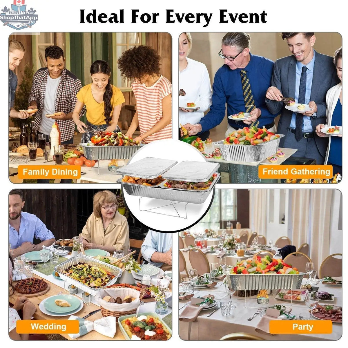 Set of 42 disposable chafing dish buffet containers with covers, utensils, and lids for catering and event serving.