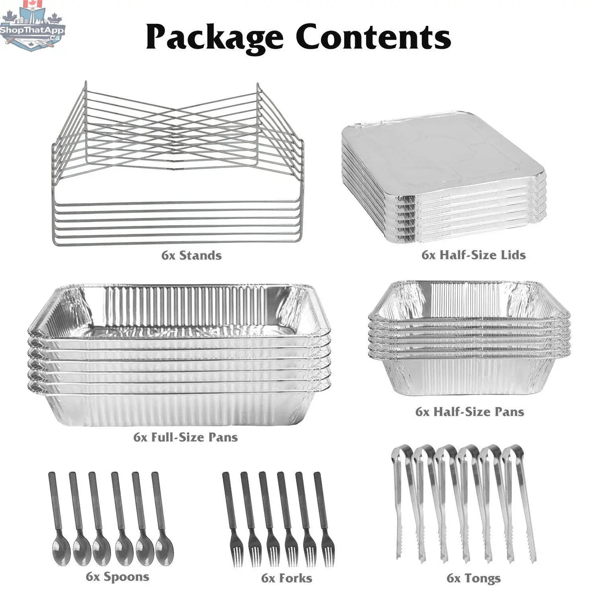 Set of six disposable chafing dishes with covers, utensils, and lids for catering and events by EX-STOCK Canada.