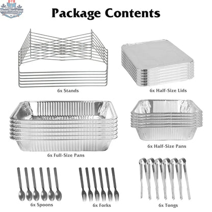 Set of six disposable chafing dishes with covers, utensils, and lids for catering and events by EX-STOCK Canada.