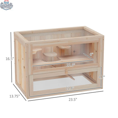Wooden 2-tier hamster habitat cage by EX-STOCK Canada, featuring multiple levels and a natural rodent home design.