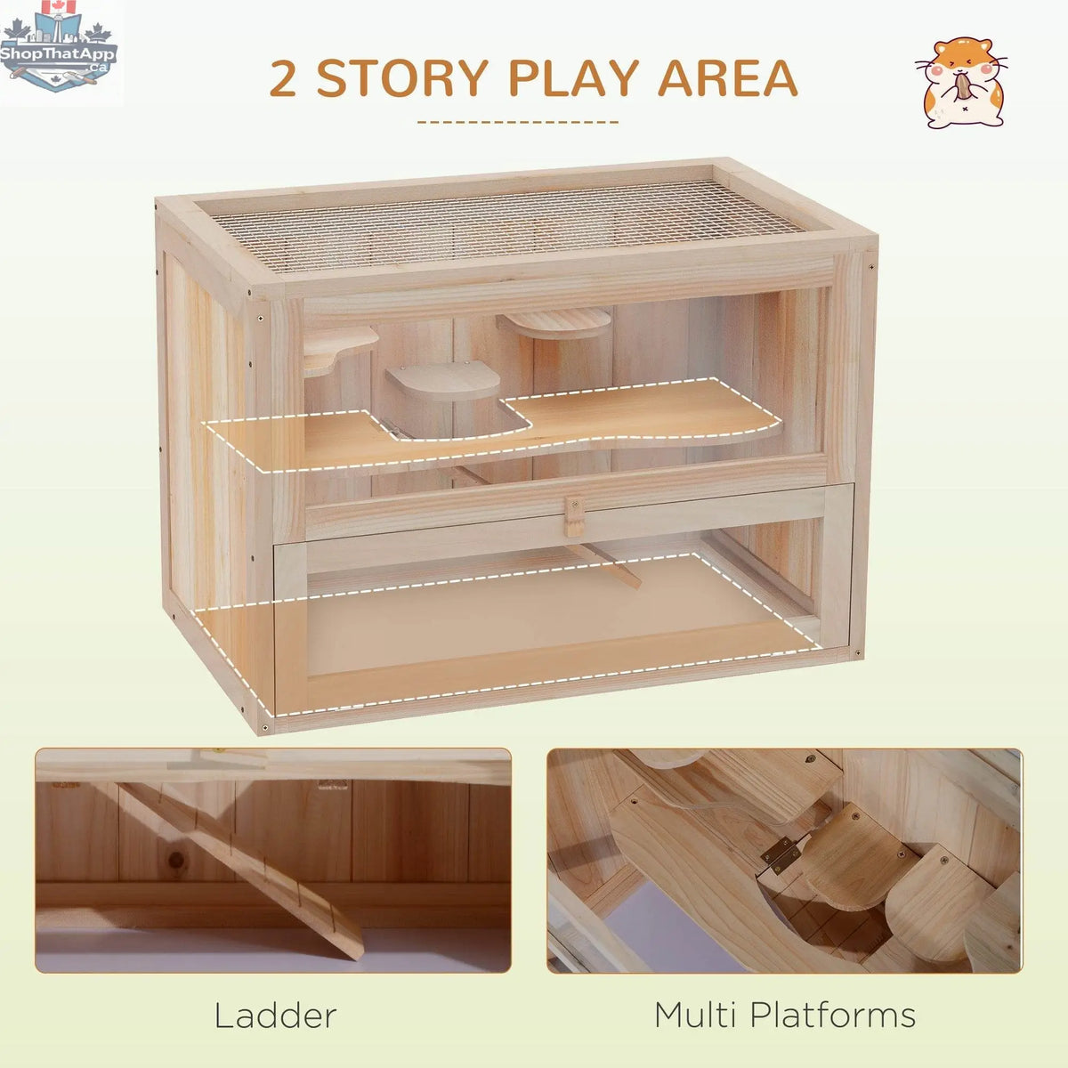 Two-tier wooden hamster habitat cage by EX-STOCK Canada with spacious rodent home and multiple levels for small pets.