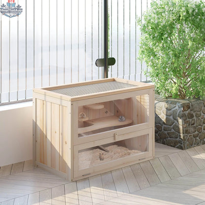Wooden 2-tier hamster habitat cage by EX-STOCK Canada featuring multiple levels and rodent-safe design.