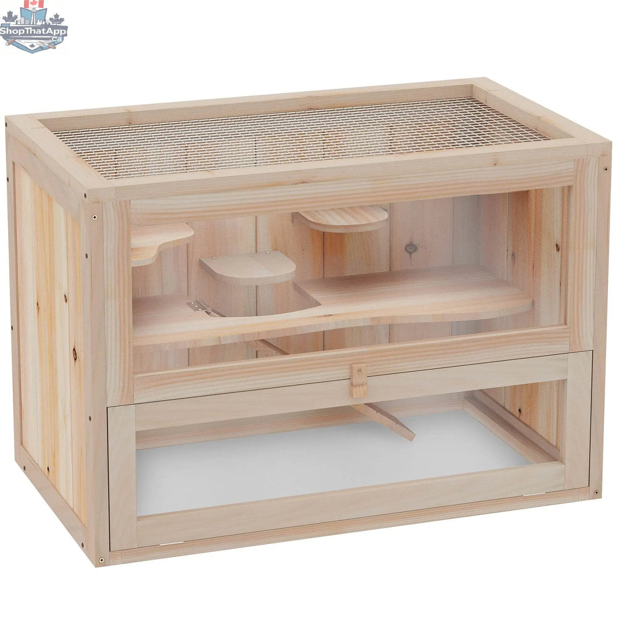 Wooden 2-tier hamster habitat cage by EX-STOCK Canada with multiple levels and spacious rodent home for small pets.