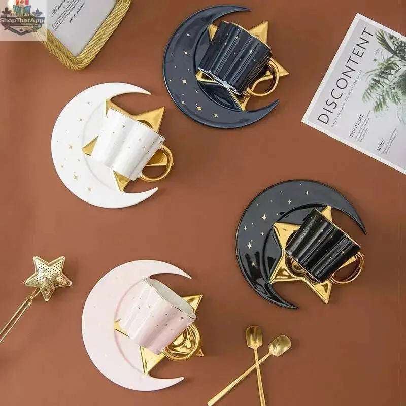 Set of four creative ceramic coffee cups with star and moon saucers, featuring celestial designs by EX-STOCK Canada.