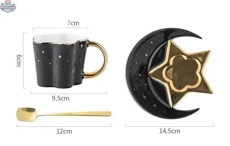 Set of four ceramic coffee cups with star and moon saucers, featuring creative celestial designs by EX-STOCK Canada.