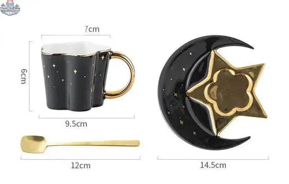 Set of four ceramic coffee cups with star and moon saucers, featuring creative celestial designs by EX-STOCK Canada.