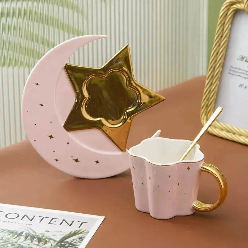 Set of four ceramic coffee cups with star and moon saucers, featuring creative designs from EX-STOCK Canada.