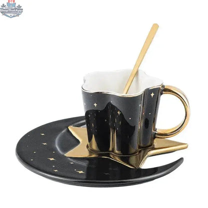 Set of four ceramic coffee cups with star and moon saucers, featuring creative designs by EX-STOCK Canada.