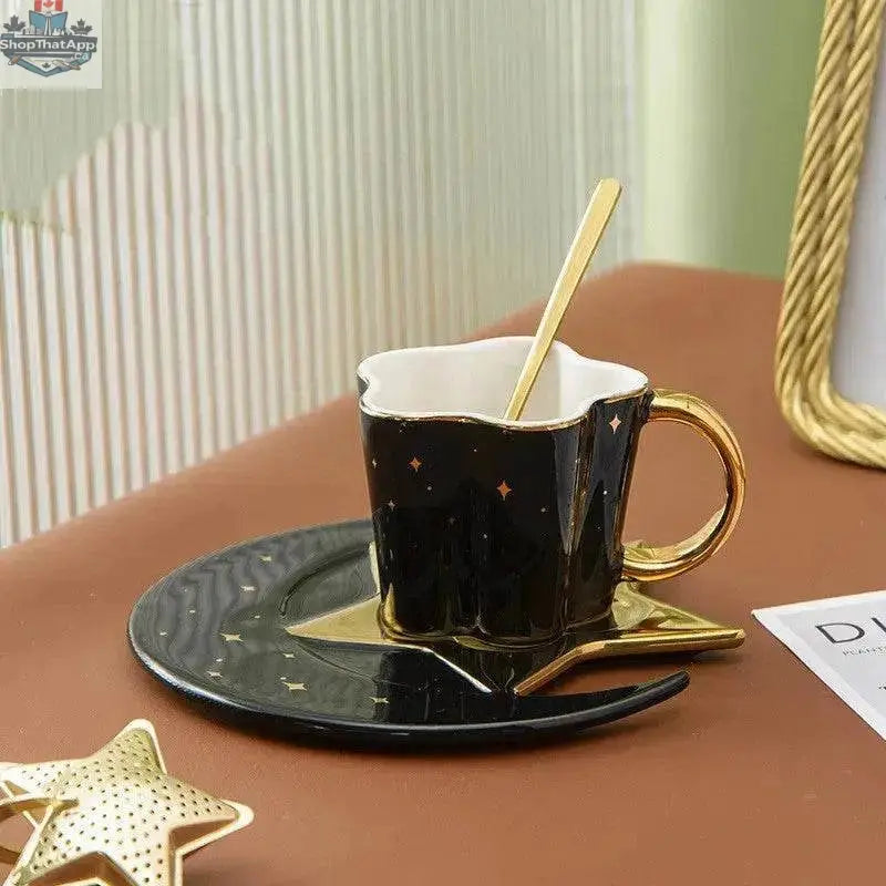 Creative ceramic coffee cup set with star and moon designs, includes four cups and matching saucers by EX-STOCK Canada