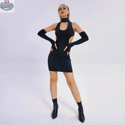 Y2K fashion mini dress by EX-STOCK Canada, slim bodycon short party night dress on a model, black with a sleek, fitted silhouette.