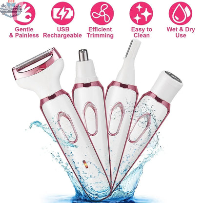 Electric women’s shaver by EX-STOCK Canada with 4-in-1 design for painless grooming and trimming of hair.