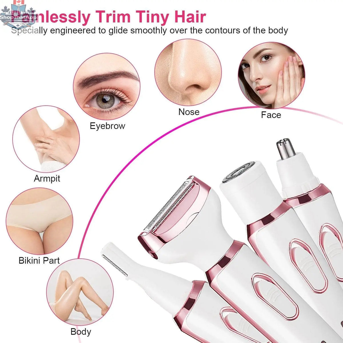 Electric women's shaver by EX-STOCK Canada, 4-in-1 painless hair trimmer and grooming device, compact and easy to use.