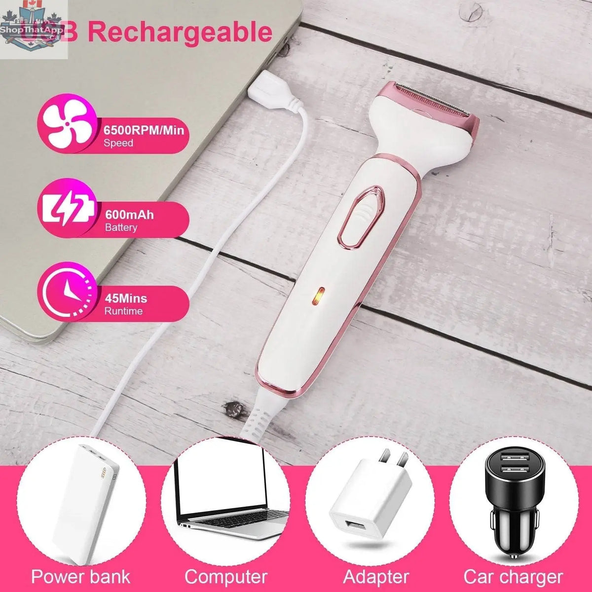 Electric hair shaver for women by EX-STOCK Canada, 4-in-1 painless trimmer for grooming and body hair removal.