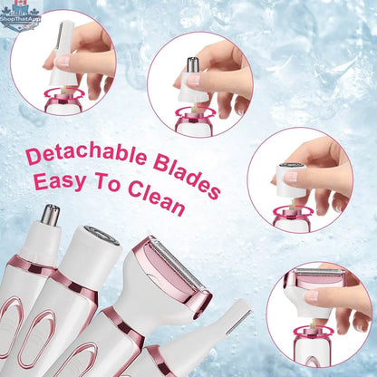 Electric hair shaver for women by EX-STOCK Canada, 4-in-1 painless trimmer and grooming solution with multiple attachments.