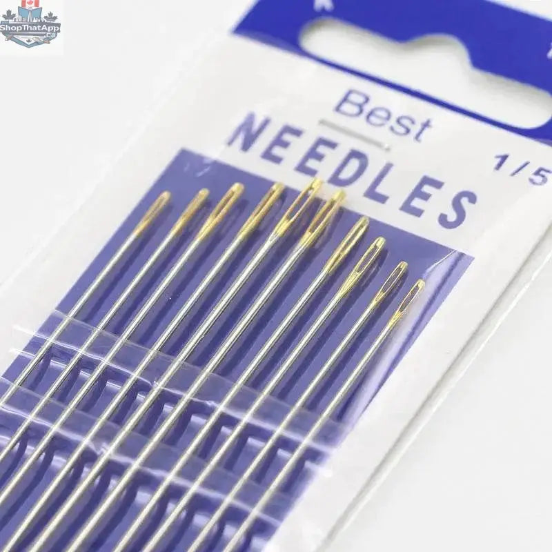 Ten EX-STOCK Canada self-threading embroidery needles for easy hand sewing, arranged in a row on a white background.