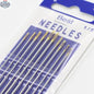 Ten EX-STOCK Canada self-threading embroidery needles for easy hand sewing, arranged in a row on a white background.