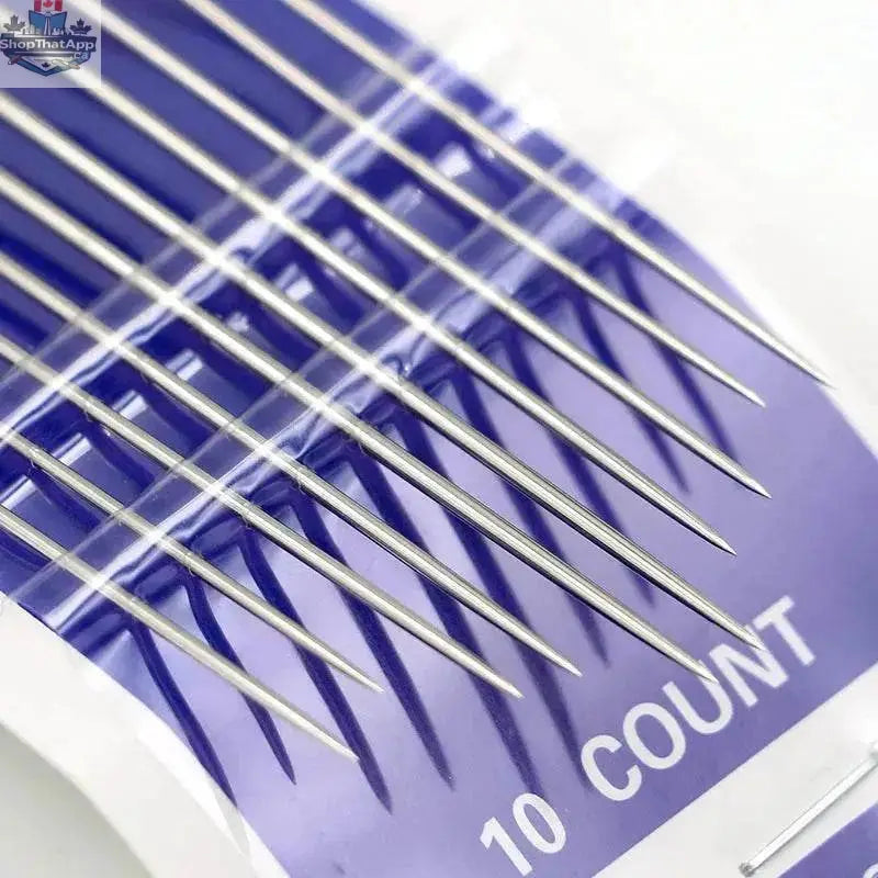 Set of 10 self-threading embroidery hand sewing needles from EX-STOCK Canada, ideal for easy hand sewing and embroidery projects.