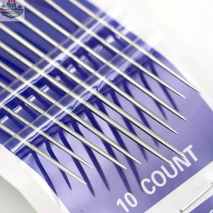 Set of 10 self-threading embroidery hand sewing needles from EX-STOCK Canada, ideal for easy hand sewing and embroidery projects.