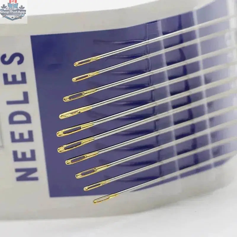 Set of 10 self-threading embroidery needles for hand sewing, featuring easy threading and durable steel construction from EX-STOCK Canada.