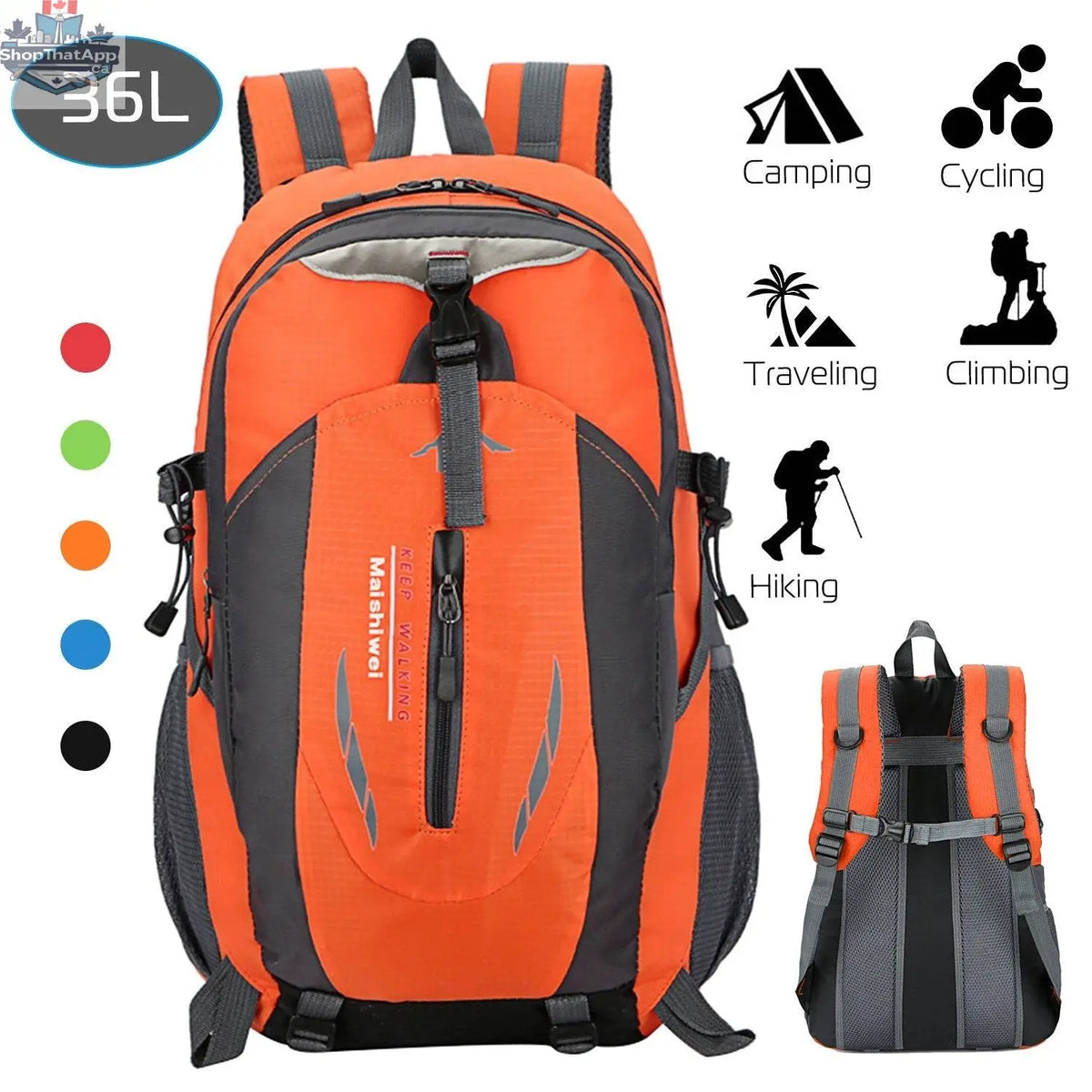 Waterproof 36L outdoor backpack by EX-STOCK Canada, showing a durable travel daypack with multiple compartments and adjustable straps.