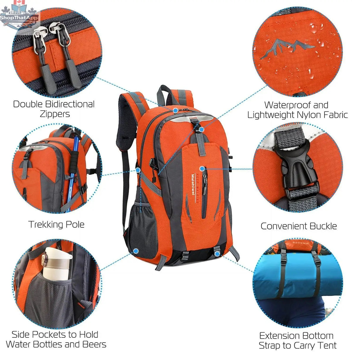 Waterproof 36L outdoor backpack knapsack by EX-STOCK Canada, featuring adjustable straps and multiple compartments for travel.
