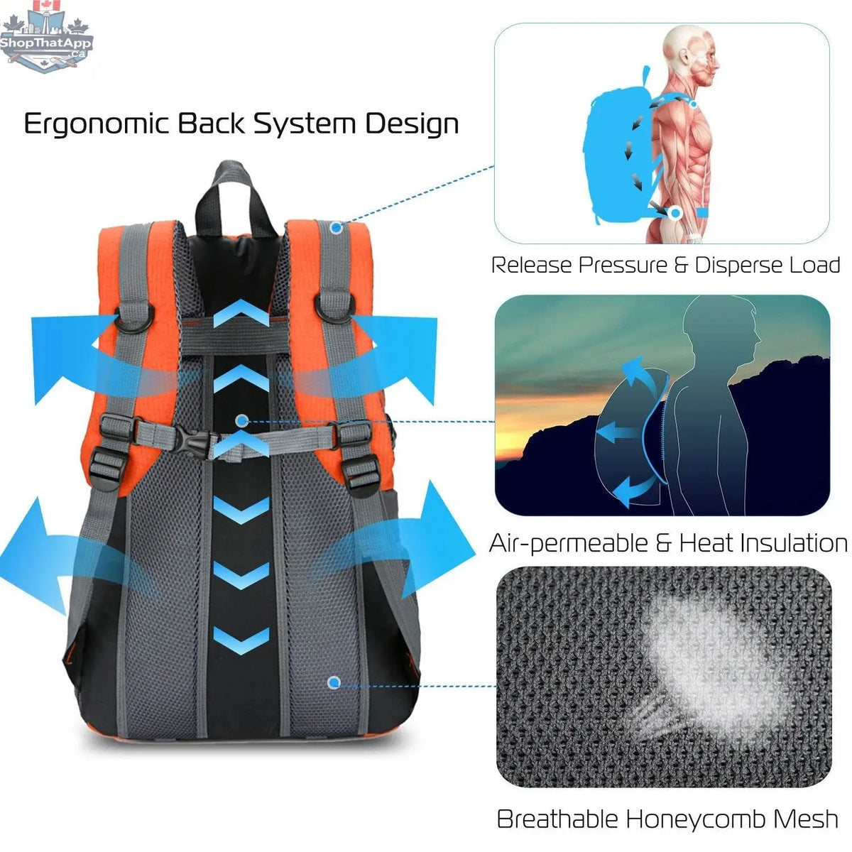 Waterproof 36L outdoor backpack from EX-STOCK Canada with adjustable straps, multiple compartments, ideal for travel and hiking.