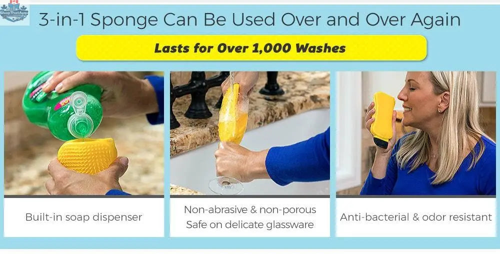 EX-STOCK Canada 3-in-1 kitchen scrub sponge with scrubbing, scraping, and squeegeeing features for versatile kitchen cleaning.