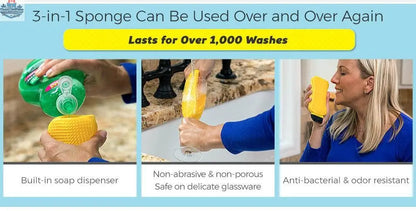 EX-STOCK Canada 3-in-1 kitchen scrub sponge with scrubbing, scraping, and squeegeeing features for versatile kitchen cleaning.