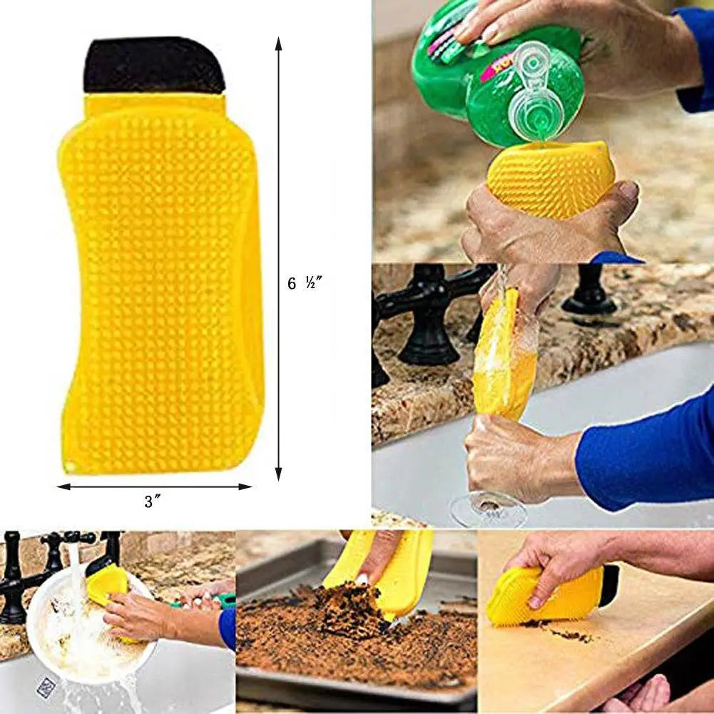 EX-STOCK Canada 3-in-1 kitchen scrub sponge with scrubbing, scraping, and squeegeeing features for versatile cleaning.