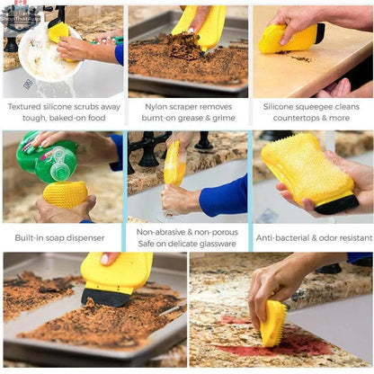 EX-STOCK Canada 3-in-1 kitchen scrub sponge with scrubbing, scraping, and squeegeeing features for versatile cleaning.