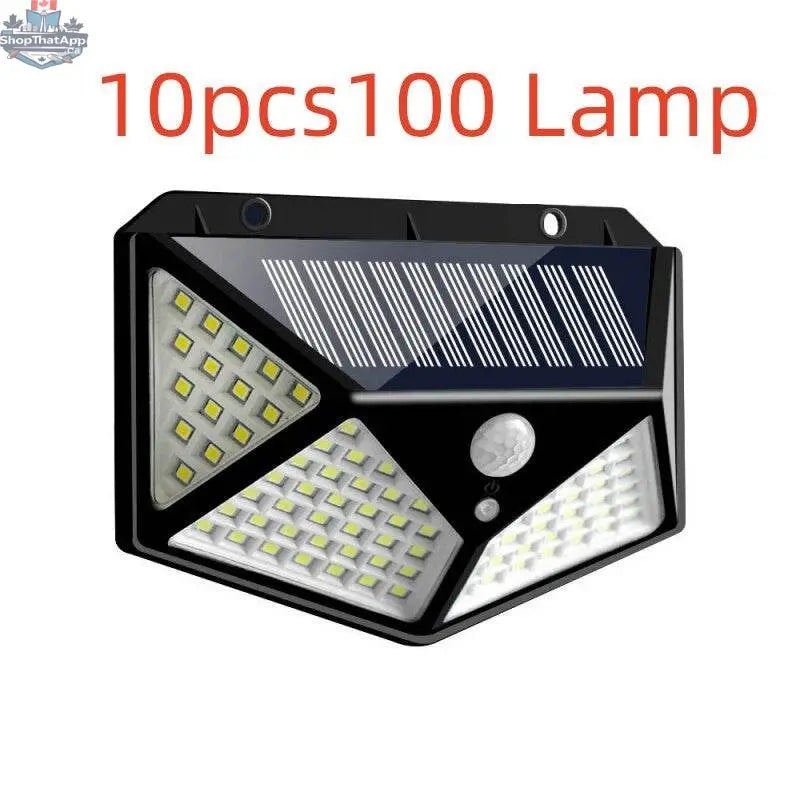 Outdoor 100 LED solar wall light by EX-STOCK Canada illuminating garden, corridor, and courtyard areas with energy-efficient LED lighting.