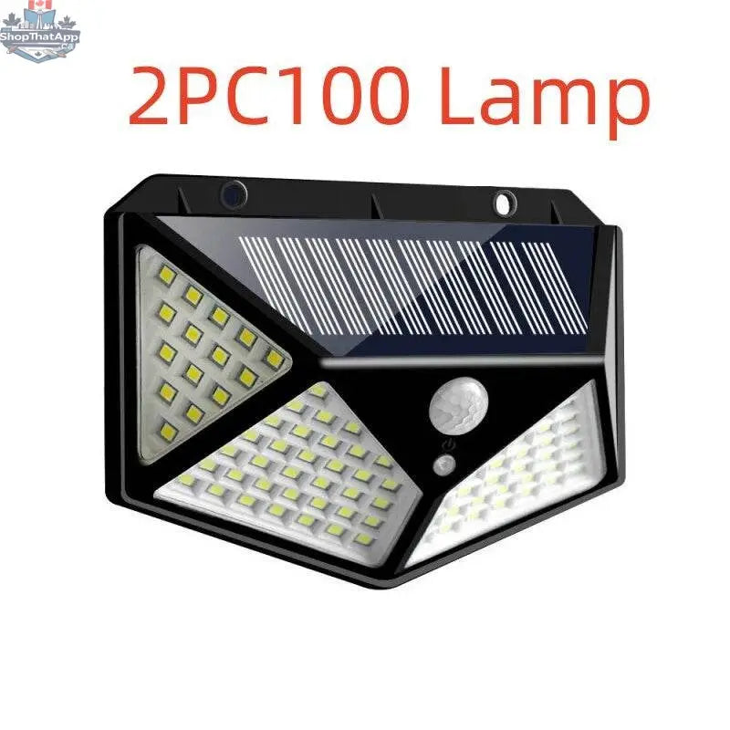Outdoor 100 LED solar wall light by EX-STOCK Canada illuminating garden, corridor, and courtyard with energy-efficient LED lighting.