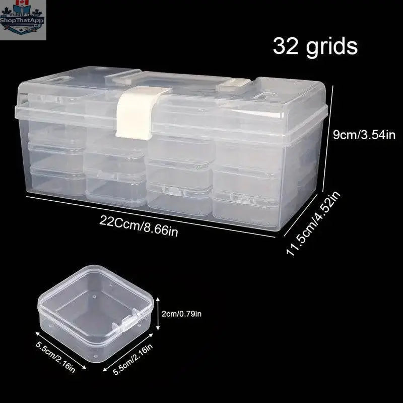 Large 32-grid plastic storage box by EX-STOCK Canada, portable organizer with ample compartments for organizing small items.