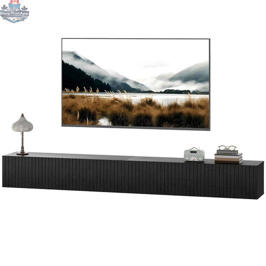 Black Jesse floating TV stand by SLOTH Nation, 71-inch size with fluted flip-down doors for TVs up to 75 inches.