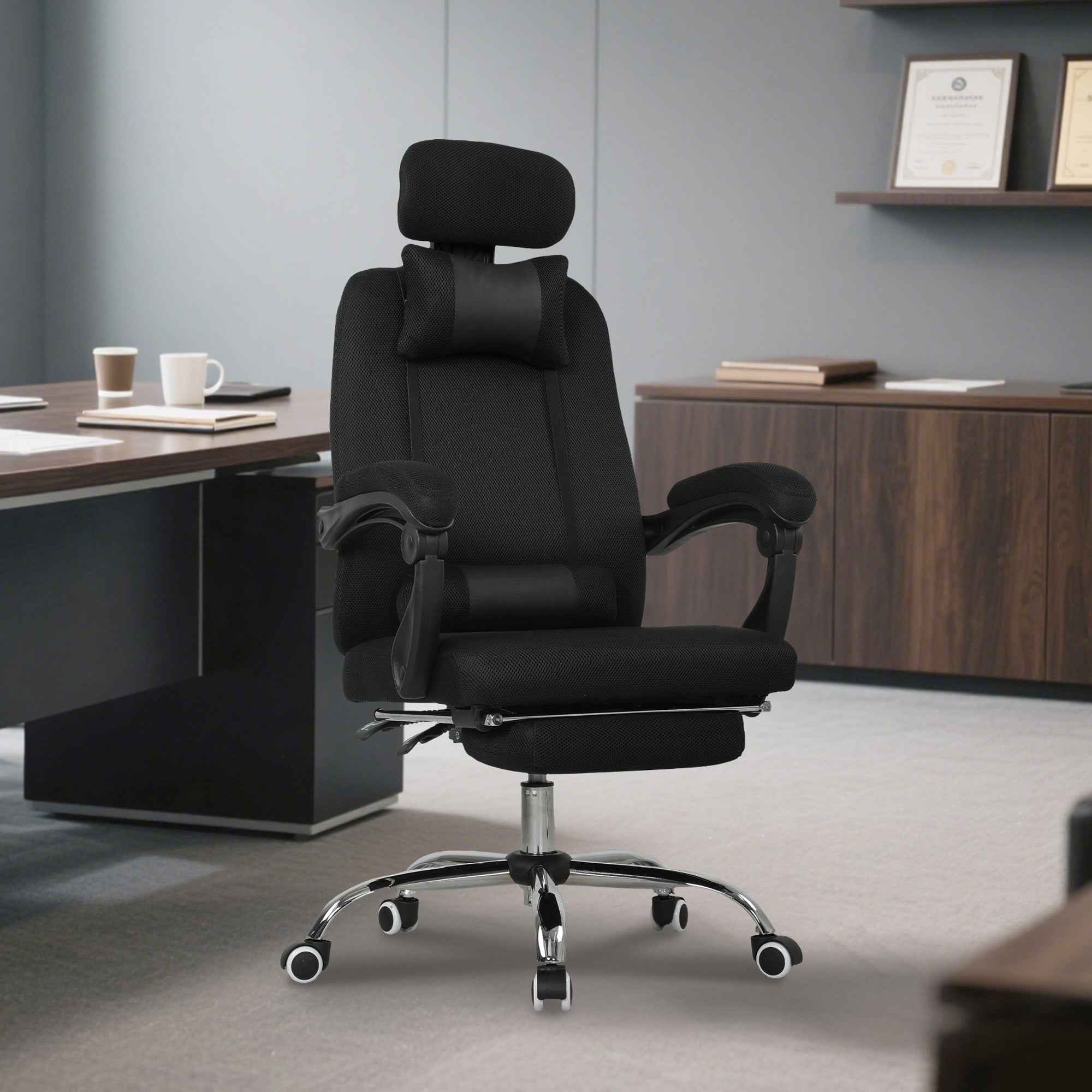 Brady Ergonomic Executive High Back Office Chair with Footrest and Lumbar Support-Black