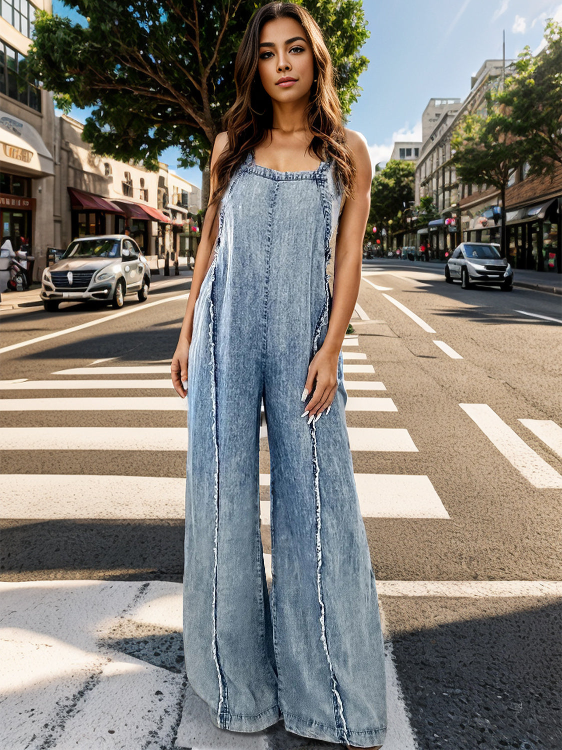 Adjustable Strap Denim Overalls with Wide Leg Design - Shopthatapp.ca