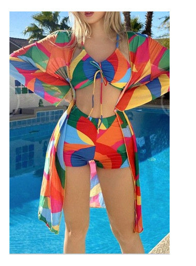 3pcs Print Bikini with Long Sleeve Cardigan for Women - Stylish Summer Beach Swimsuit Set - Shopthatapp.ca