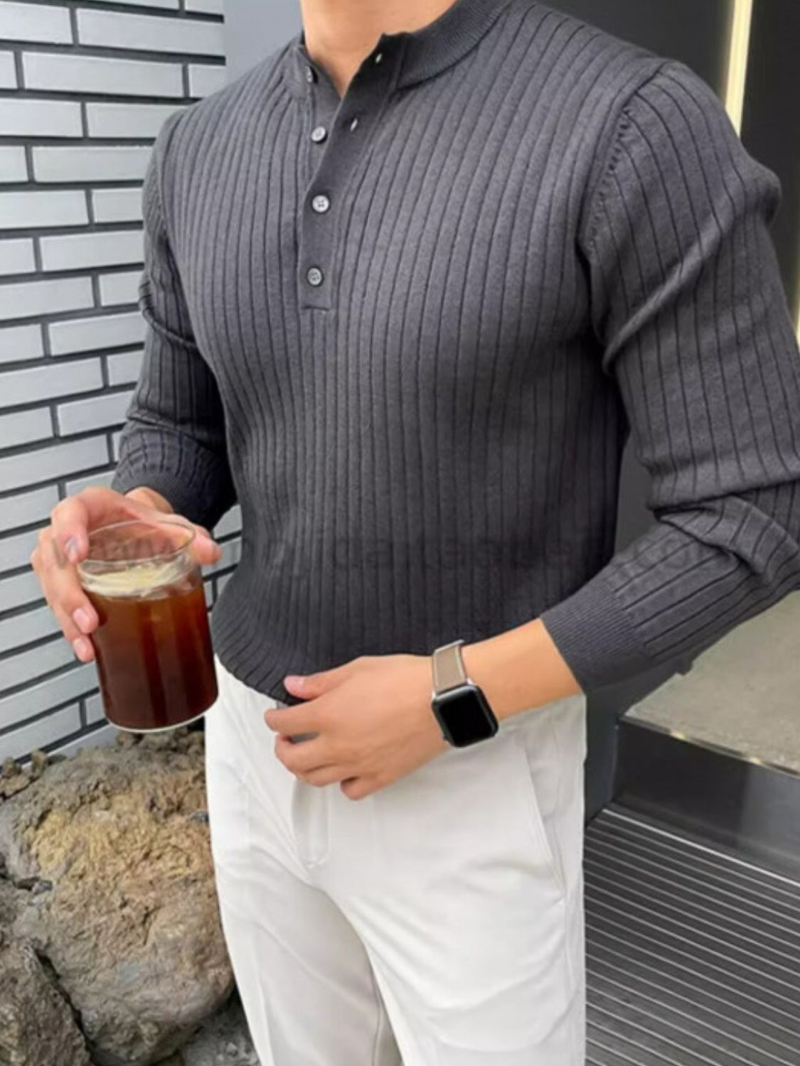 Button Detail Ribbed Knit Top for Men - Stylish Long Sleeve Design - Shopthatapp.ca