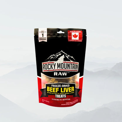 ROCKY MOUNTAIN RAW RMR Freeze-Dried Beef Liver Dog Treat pack, 55g, showing colorful dried beef liver pieces.
