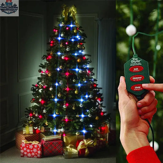 Colorful 64 and 48 Light Dazzler Christmas Tree Light Show with sparkling shower effect, perfect for holiday decorating.
