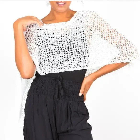 Short Popcorn Knit Poncho - White - Shopthatapp.ca