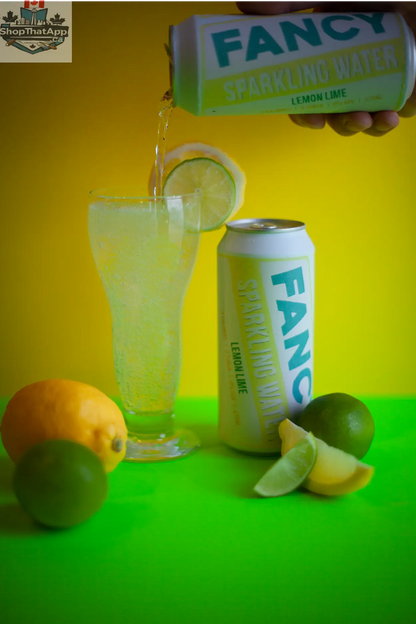 Fancy Sparkling Water Lemon Lime bottle with a clear label, showcasing zero sugar citrus-flavored sparkling water.