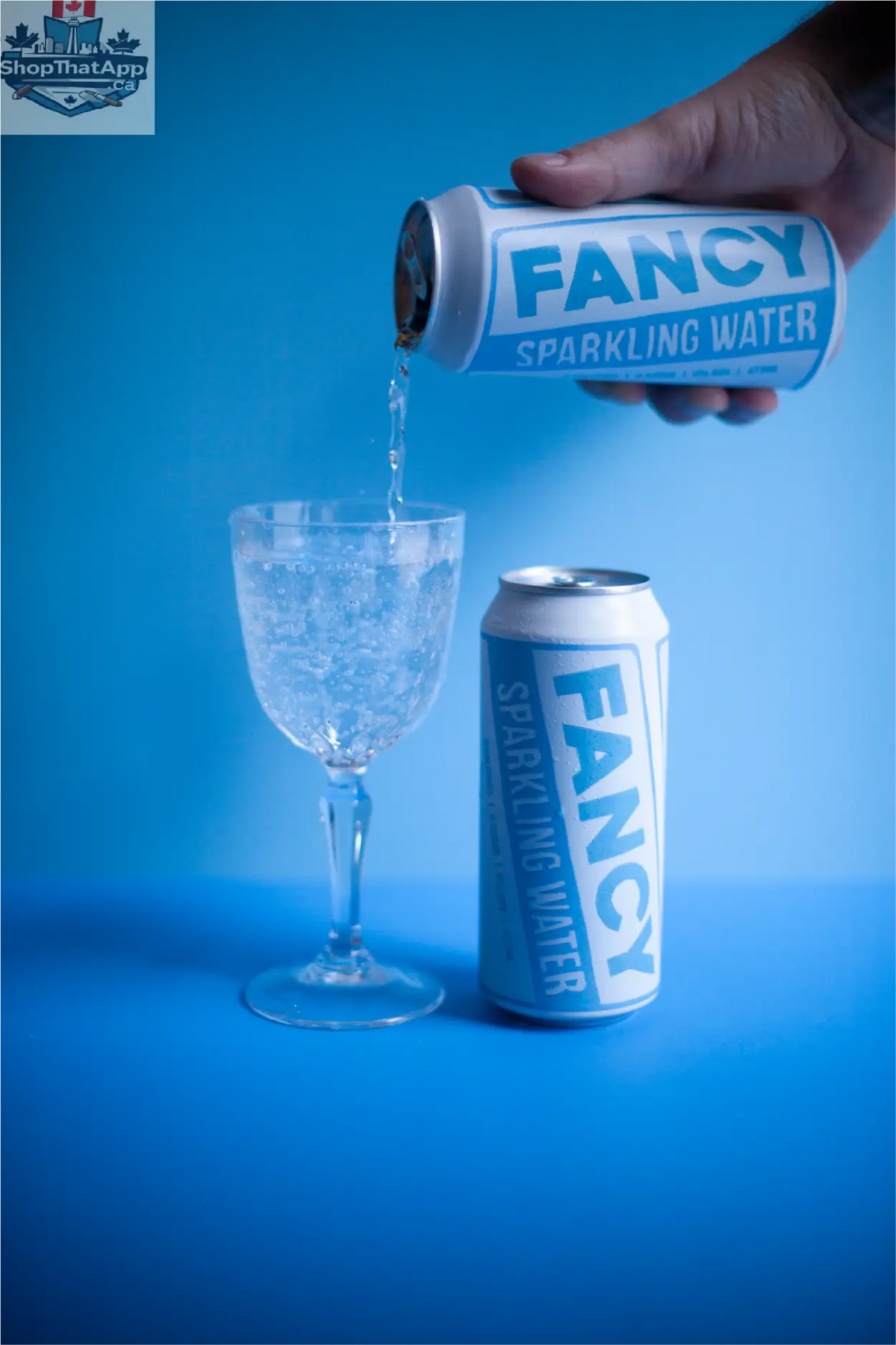 Glass of Fancy Sparkling Water Zero Sugar with natural bubbles, showcasing clear, refreshing sparkling water in a clean glass.