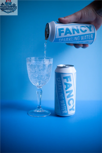 Glass of Fancy Sparkling Water Zero Sugar with natural bubbles, showcasing clear, refreshing sparkling water in a clean glass.