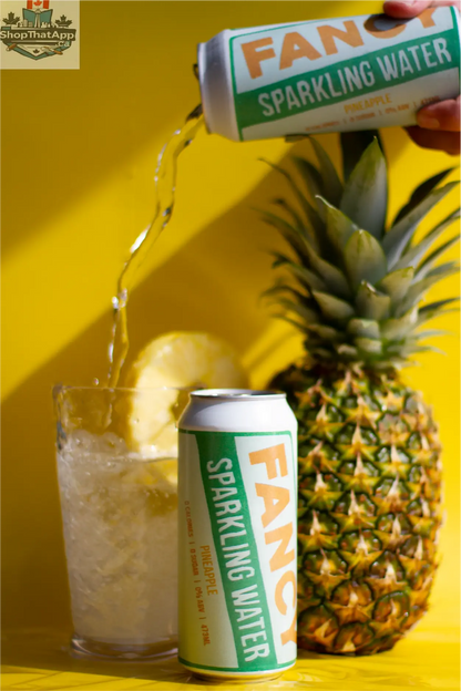 Fancy Sparkling Water pineapple flavor in a clear glass bottle with tropical pineapple fruit and sparkling water bubbles visible.