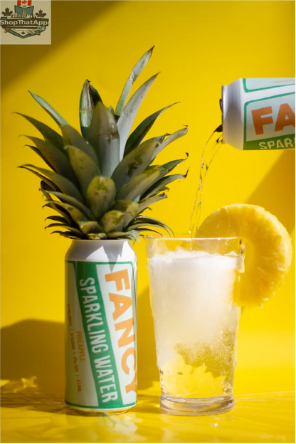 Fancy Sparkling Water pineapple flavor in a clear bottle with tropical-themed label, showcasing refreshing sparkling pineapple water.