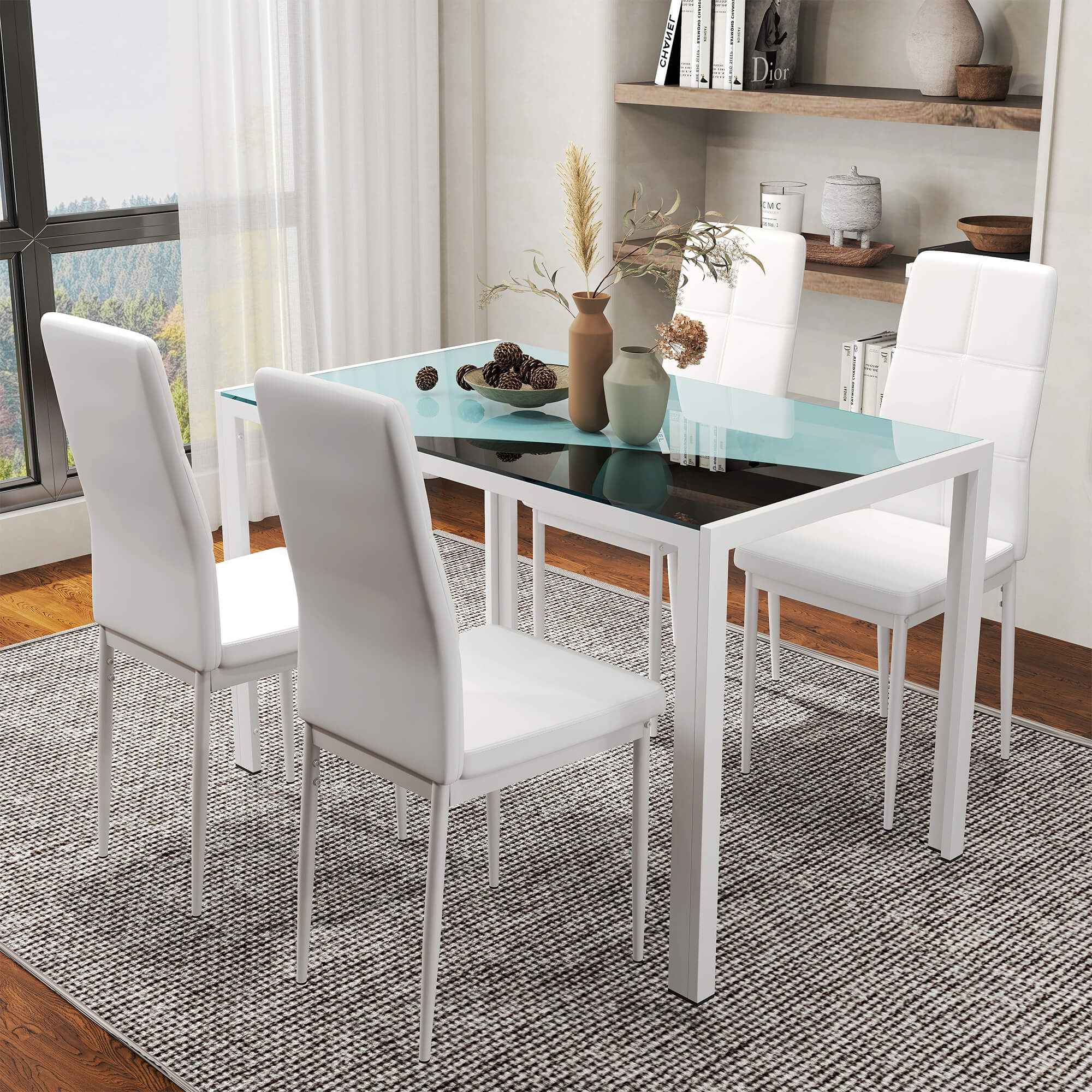 Zaya 5-Piece Rectangular Glass Dining Set for Small Spaces-White